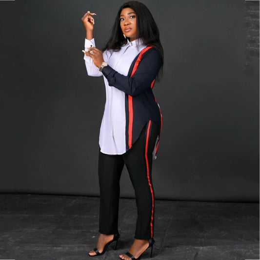 Women's Stripe Print Blouse & Pants 2-Piece Set