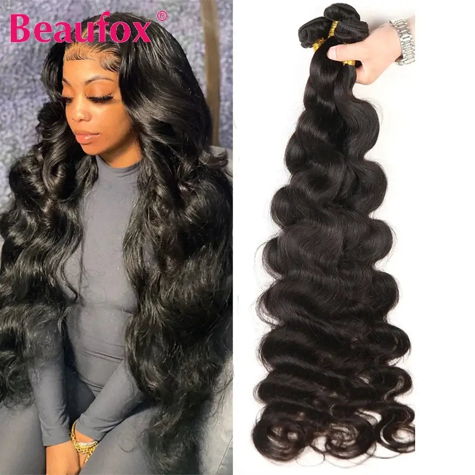 Beaufox Body Wave Bundles Brazilian Hair Weave Bundles 1/3/4 PCS Human Hair Bundles Natural /Jet Black 8-30"Remy Hair Extensions.