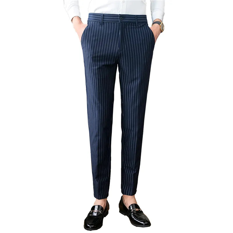 Men's White Vertical-Stripe Slim Business Suit Pants, Blue Black Slacks