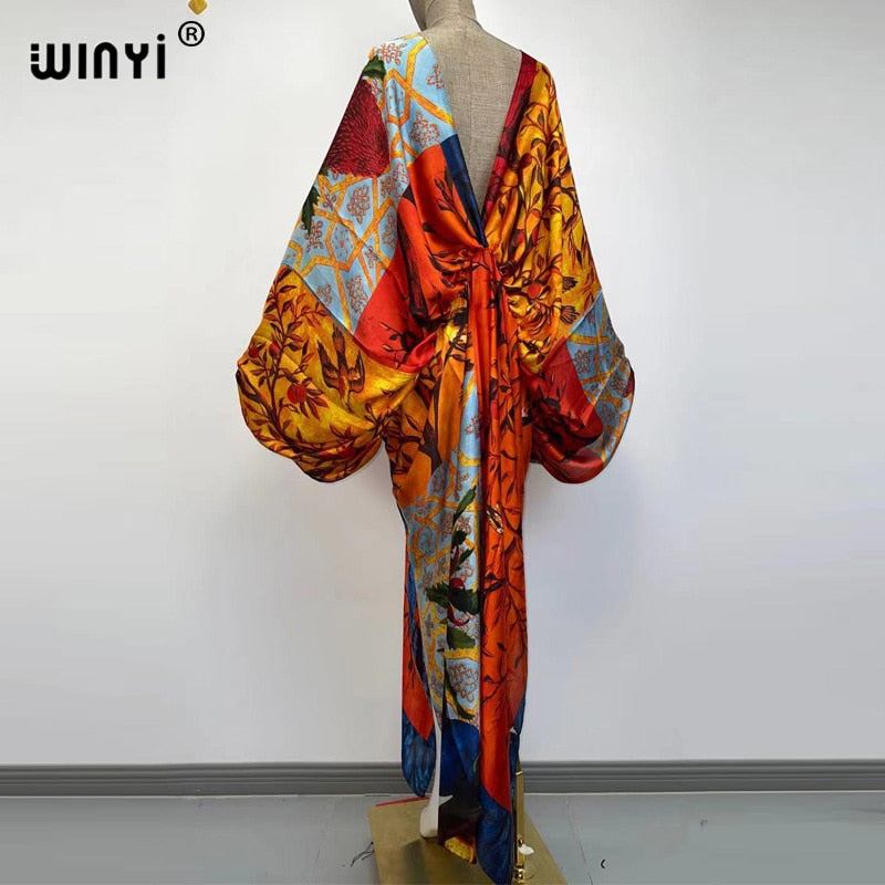 Women's Silk Rayon Print Bohemian V-Neck Beach Maxi Dress