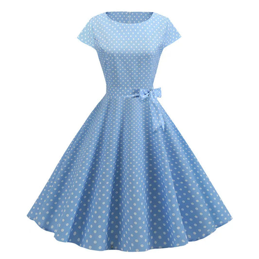 Women's light blue polka dot midi dress short sleeve pin-up style