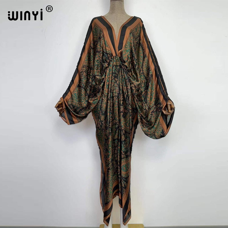 Women's Silk Rayon Print Bohemian V-Neck Beach Maxi Dress