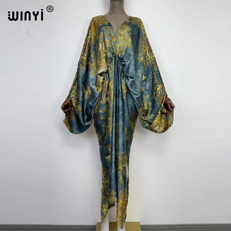 Women's Silk Rayon Print Bohemian V-Neck Beach Maxi Dress
