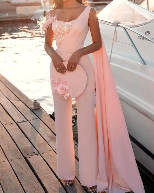 Women's Sequined Feather One-Shoulder Pink Evening Jumpsuit