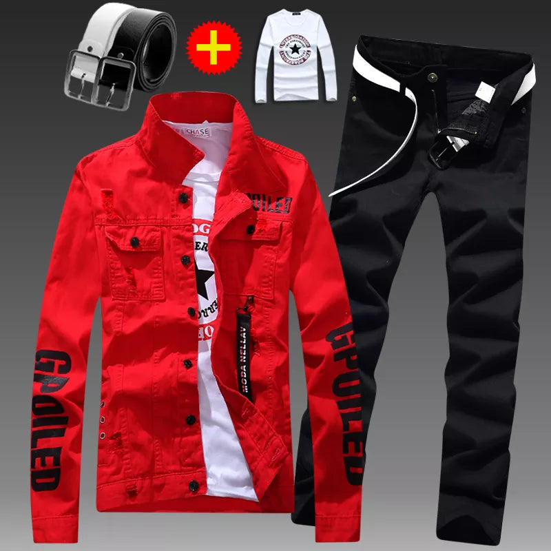 Men's Slim Fit Letter Print Denim Jacket and Pants Two-Piece Set