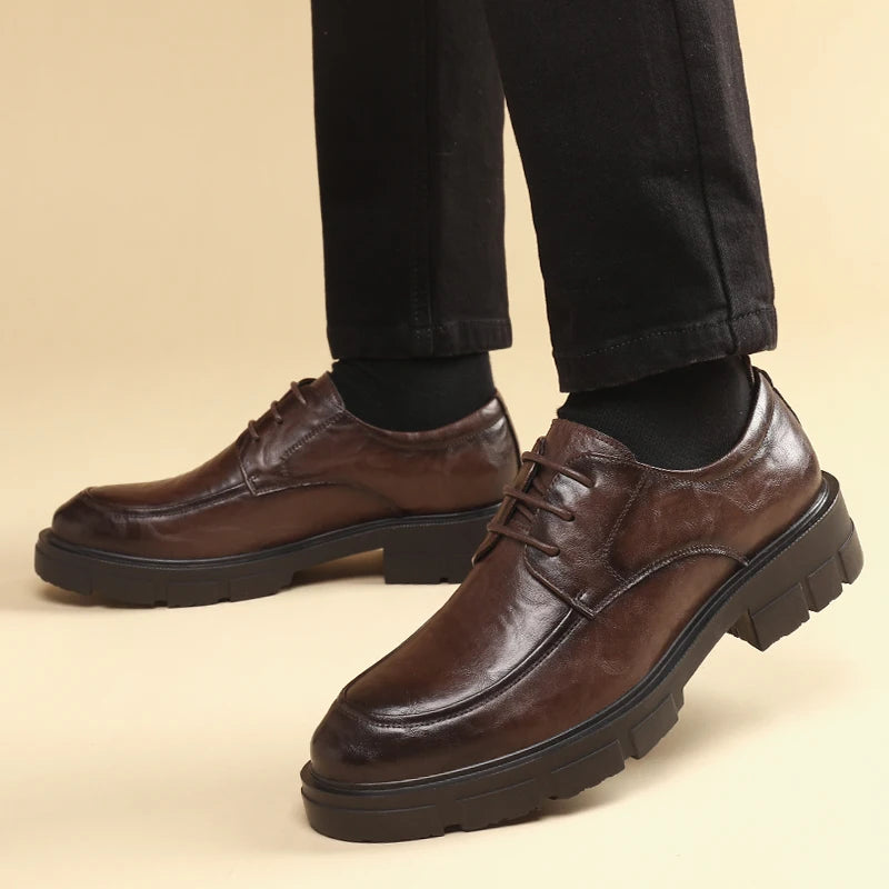 Men's elevator dress shoes brown on feet product photo