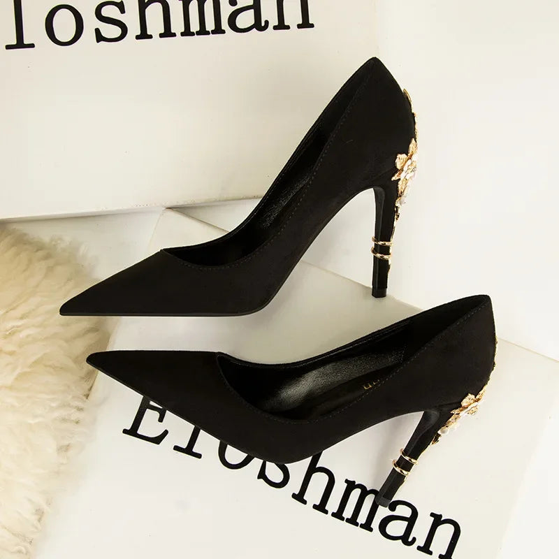 Women's Metal Flower Pointed High Heel Banquet Heels