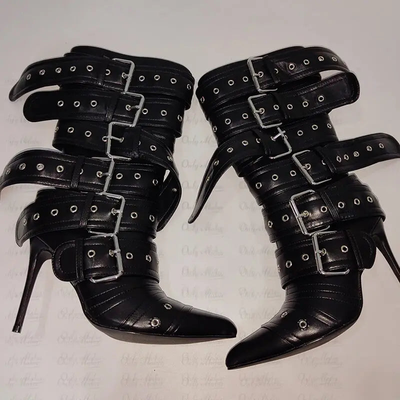 Women's Pointed-Toe Mid-Calf Stiletto Boots with Buckle