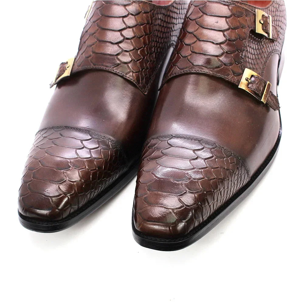 Men's Leather Double Buckle Monk Strap Snake Print Dress Shoes