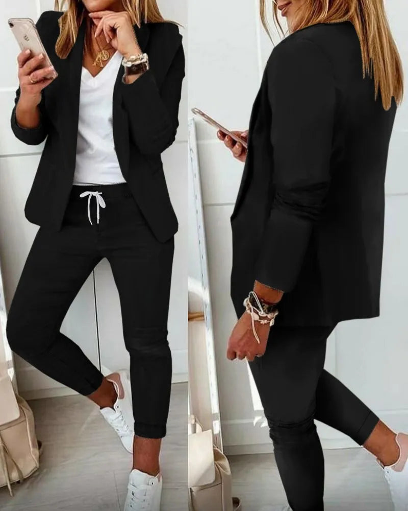 Women's Monochrome Drawstring Elastic-Waist Slit Suit Two-Piece