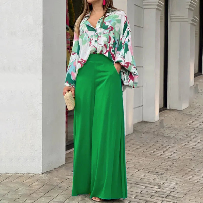 Women's Printed Shirt and Solid Pants Two-Piece Set