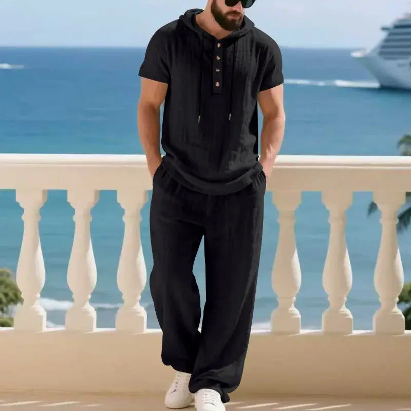 Men's Summer Linen Short Sleeve Hoodie and Loose Pants Set