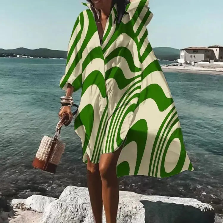 Women's Printed Lapel Long Sleeve Shirt Dress