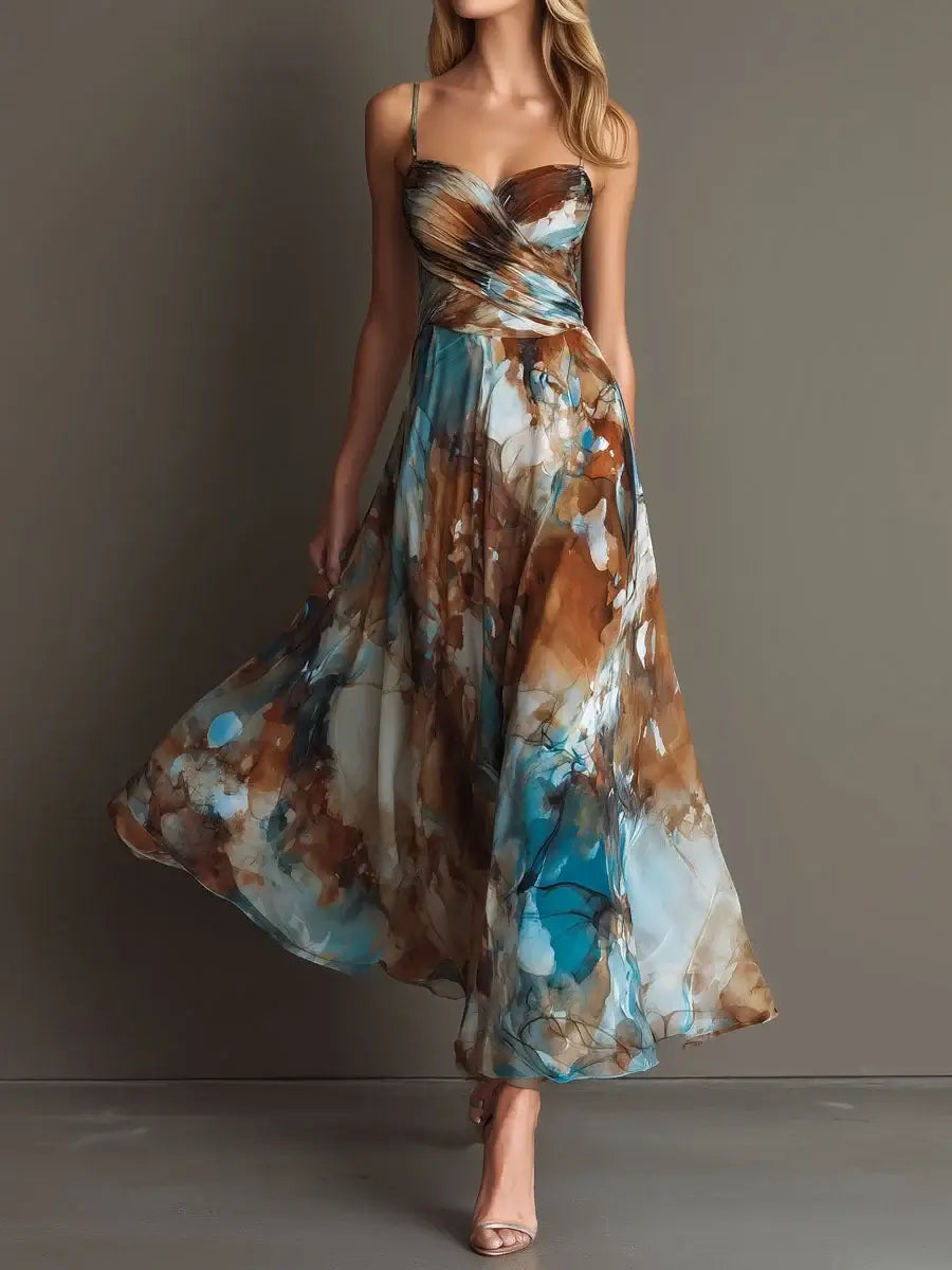 Women's Strap Beach Print Backless Long Dress