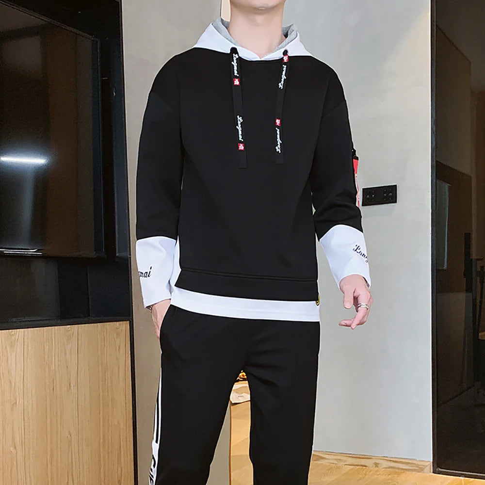 Men's Fake Two-Piece Embroidered Sport Hoodie Pullover Sweatshirt