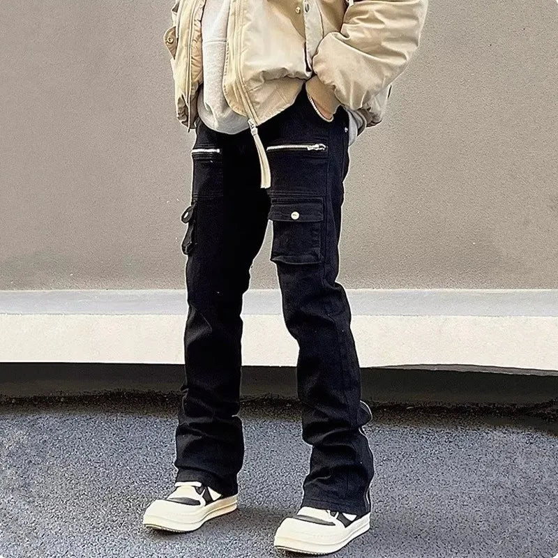 Men's Black Flared Zipper Cargo Jeans