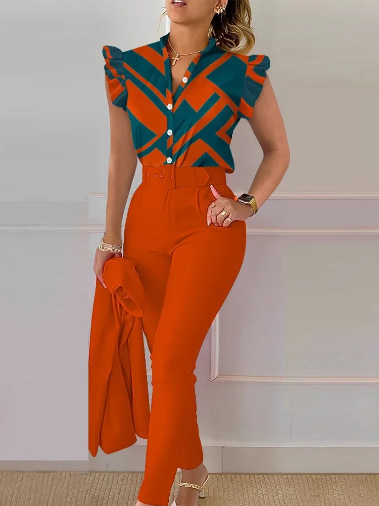 Women's Printed Sleeveless Shirt and Belted Pants Office Set