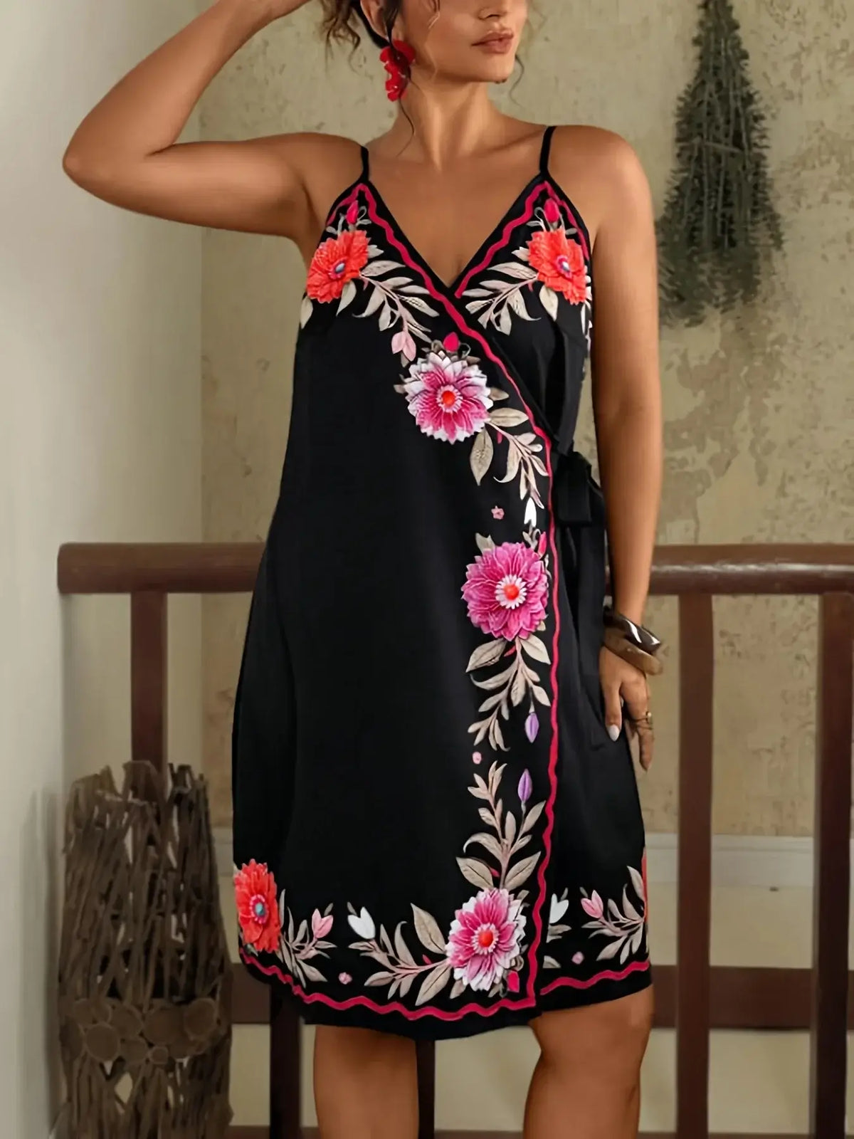 Women's Plus Size Ethnic Print Halter V-Neck Holiday Dress
