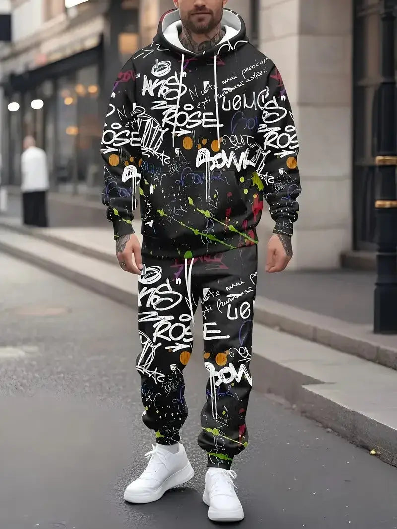 Men's Casual 3D Graffiti Print Hoodie and Pants Set, Spring Autumn
