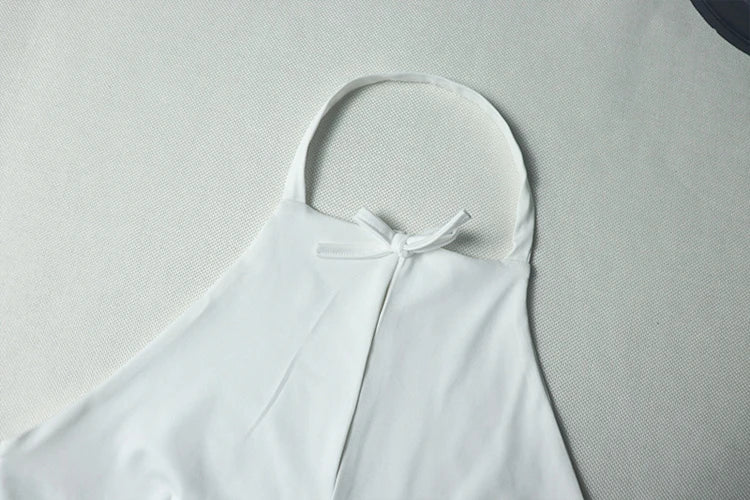 Women's White Hollow Halter Backless Top and Irregular Mini Skirt Set