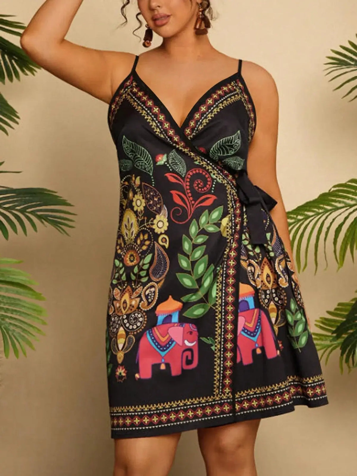 Women's Plus Size Ethnic Print Halter V-Neck Holiday Dress