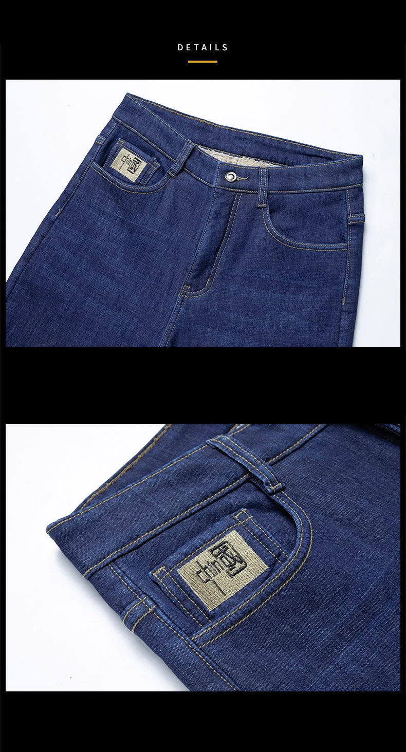 Men's Winter Fleece-Lined Lamb Denim Straight Stretch Jeans, Size 40