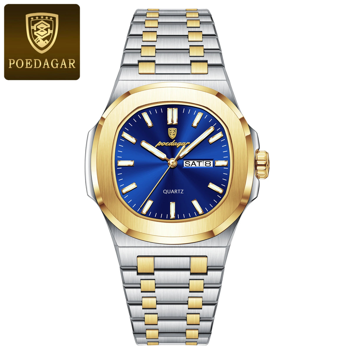 Men's Square Stainless Steel Date Week Quartz Wristwatch