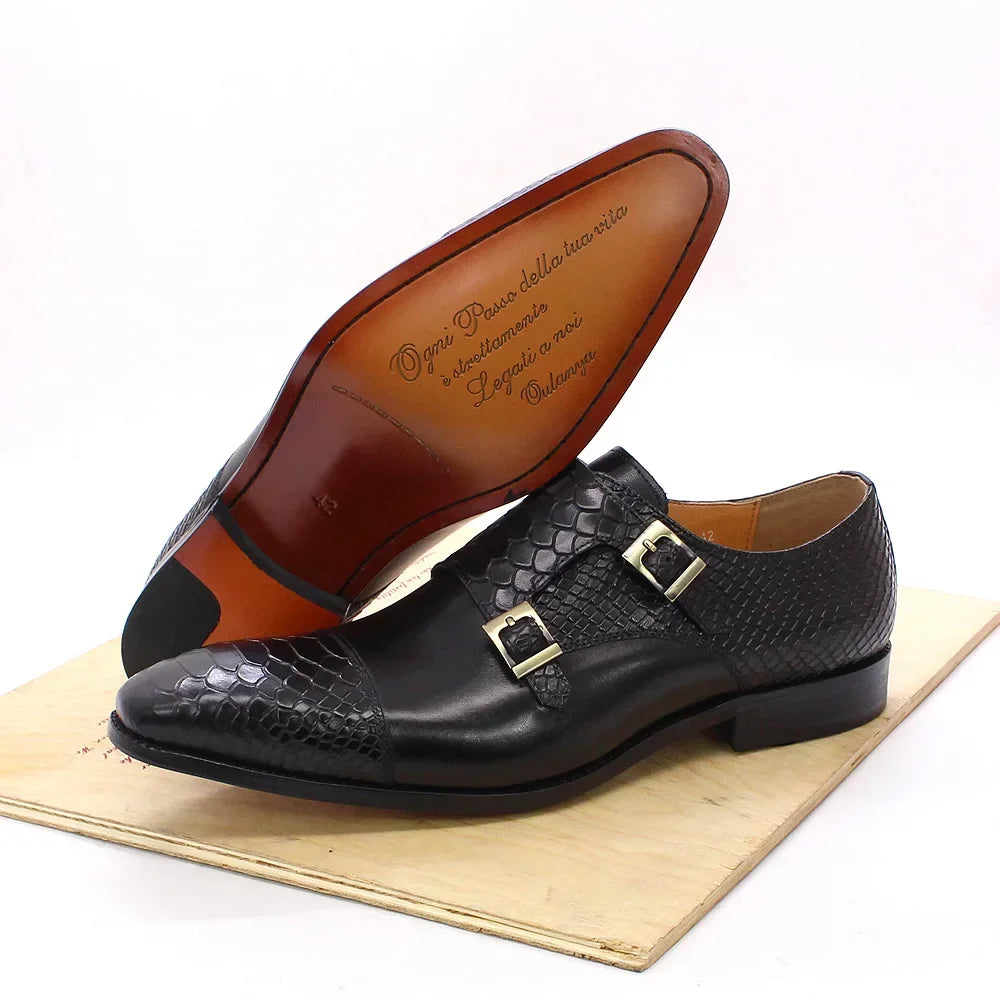 Men's Leather Double Buckle Monk Strap Snake Print Dress Shoes