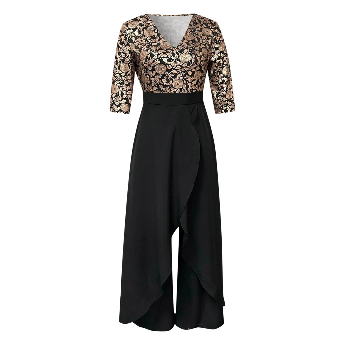 Women's Printed High-Waist Three-Quarter Sleeve Slit Jumpsuit