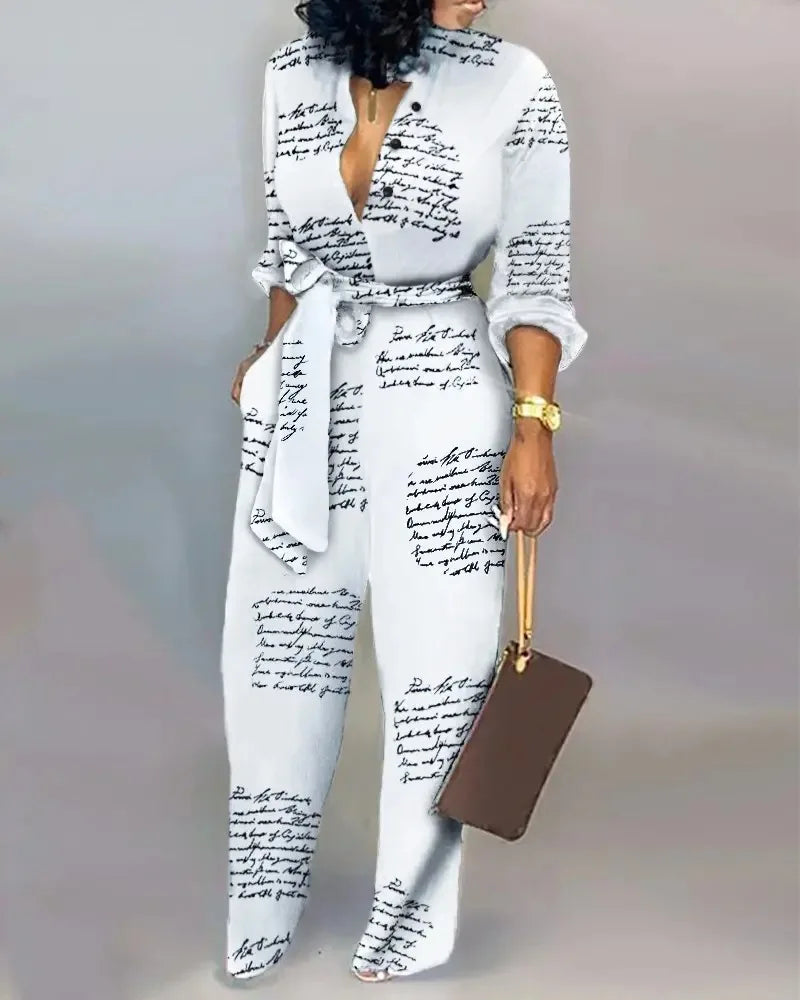 Women's Print V-Neck Belted Long Sleeve Jumpsuit
