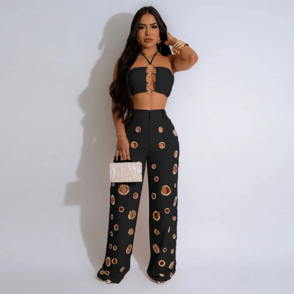 Women's Sequined Halter Top and Wide Leg Pants Set