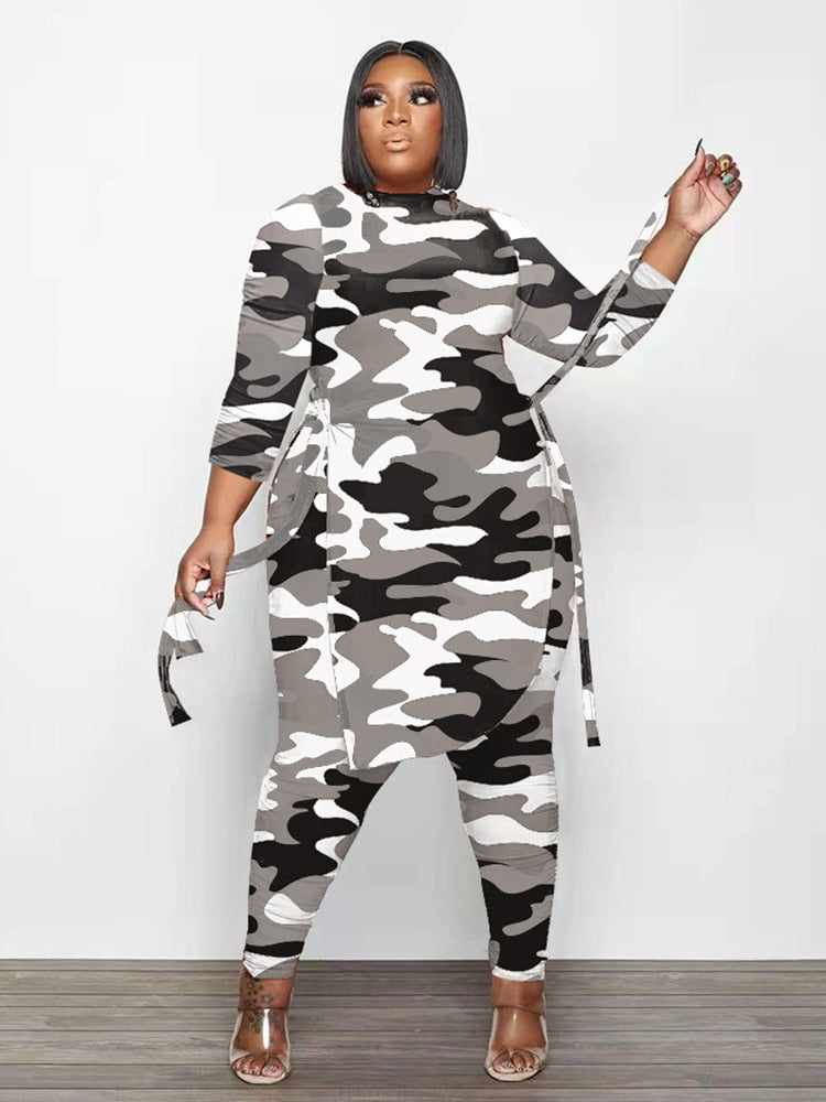 Women's Plus-Size Camo Long-Sleeve Top and Pants Set
