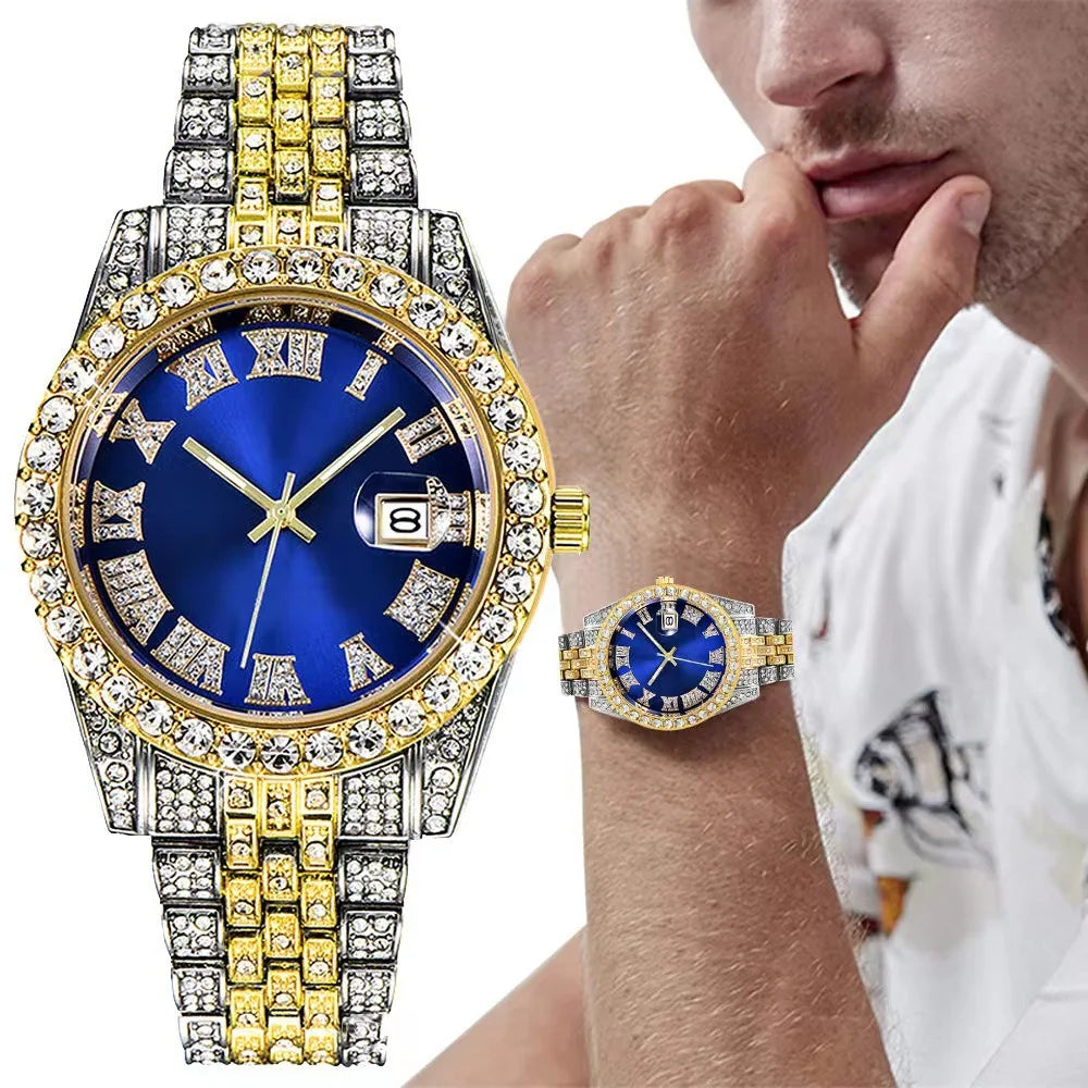 Men's Gold Stainless Steel Iced Rhinestone Calendar Hip Hop Watch