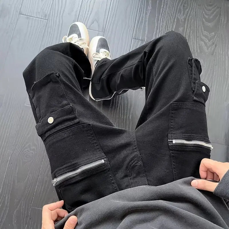 Men's Black Flared Zipper Cargo Jeans