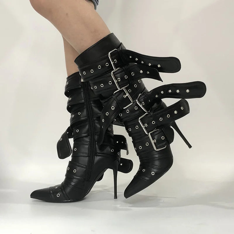 Women's Pointed-Toe Mid-Calf Stiletto Boots with Buckle