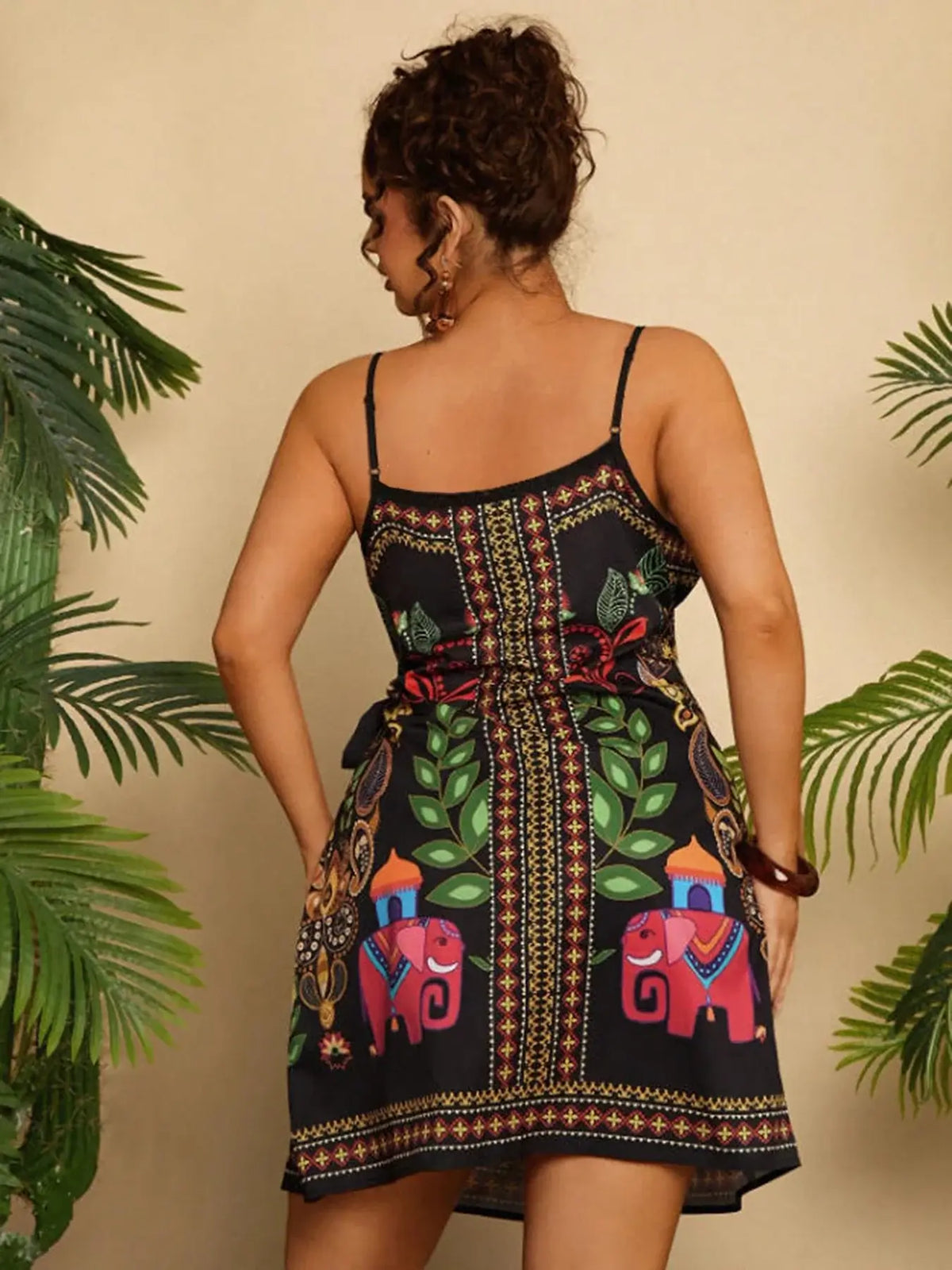 Women's Plus Size Ethnic Print Halter V-Neck Holiday Dress