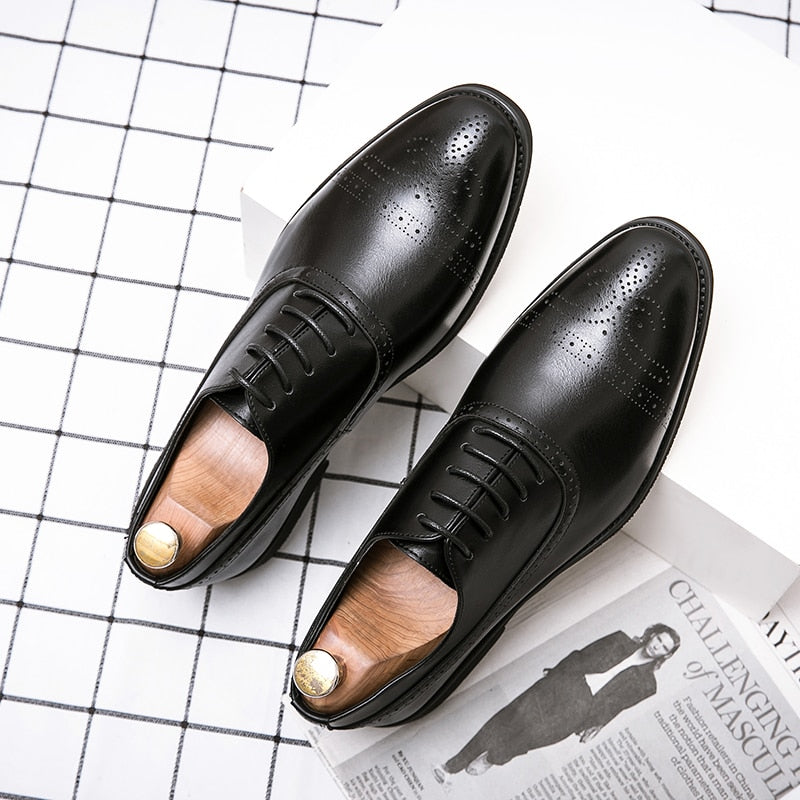 Men's Brown Black PU Lace-up Brogue Oxford Dress Shoes