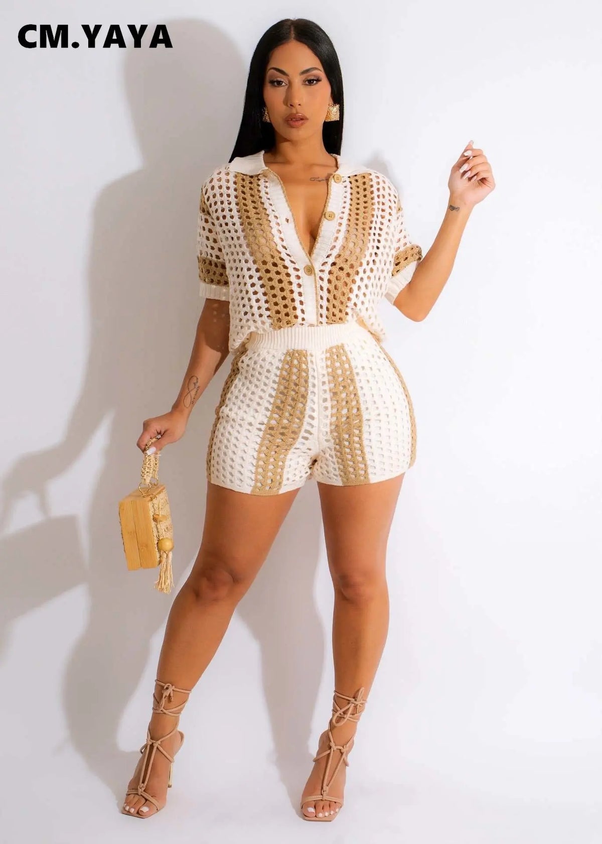 Women's Knit Ribbed Crochet Shirt and Shorts Two-Piece