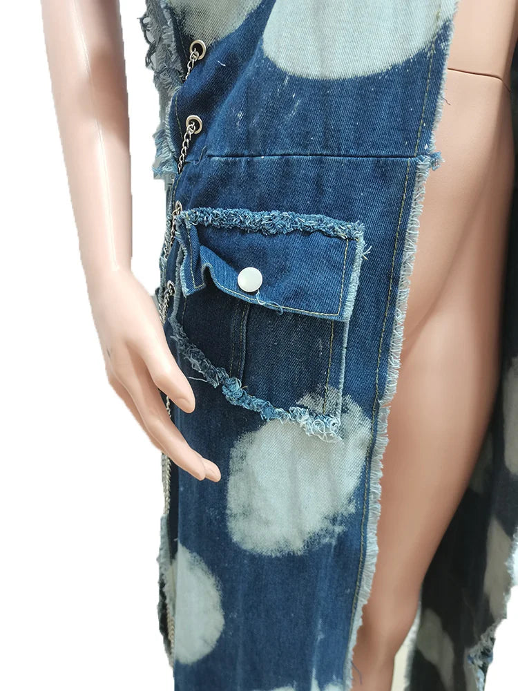 Women's Long Denim Trench Jacket with Pockets, Street Outerwear
