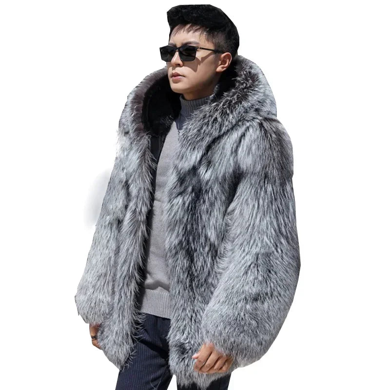 Men's Hooded Thick Faux Fox Fur Winter Parka Coat