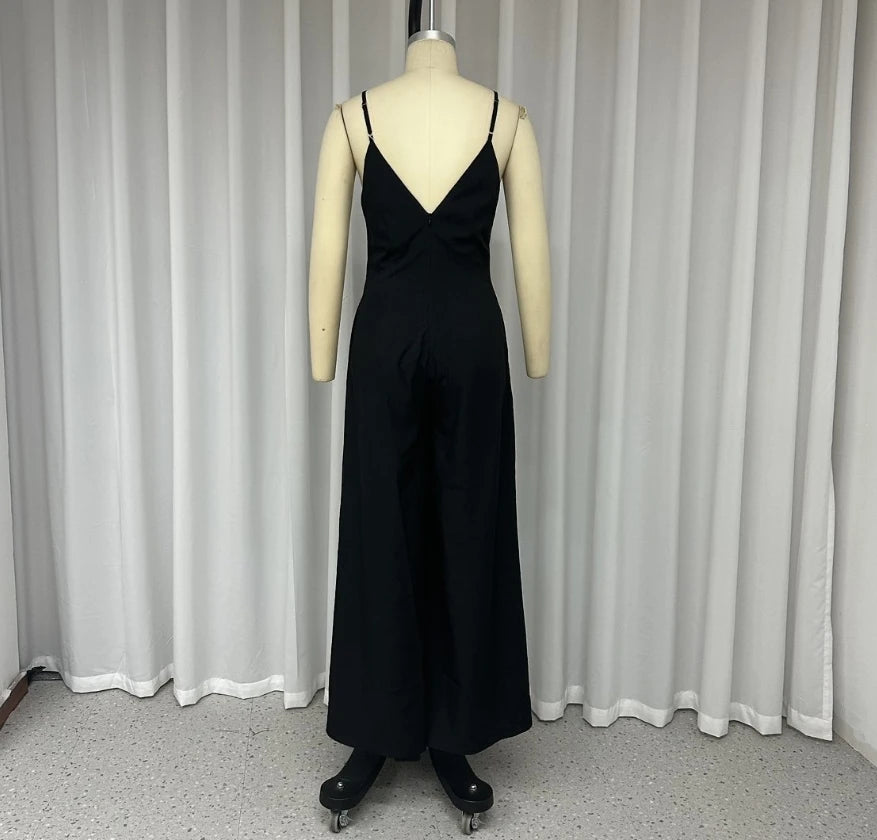 Women's V-Neck Solid Color Wide Leg Suspender Jumpsuit Black