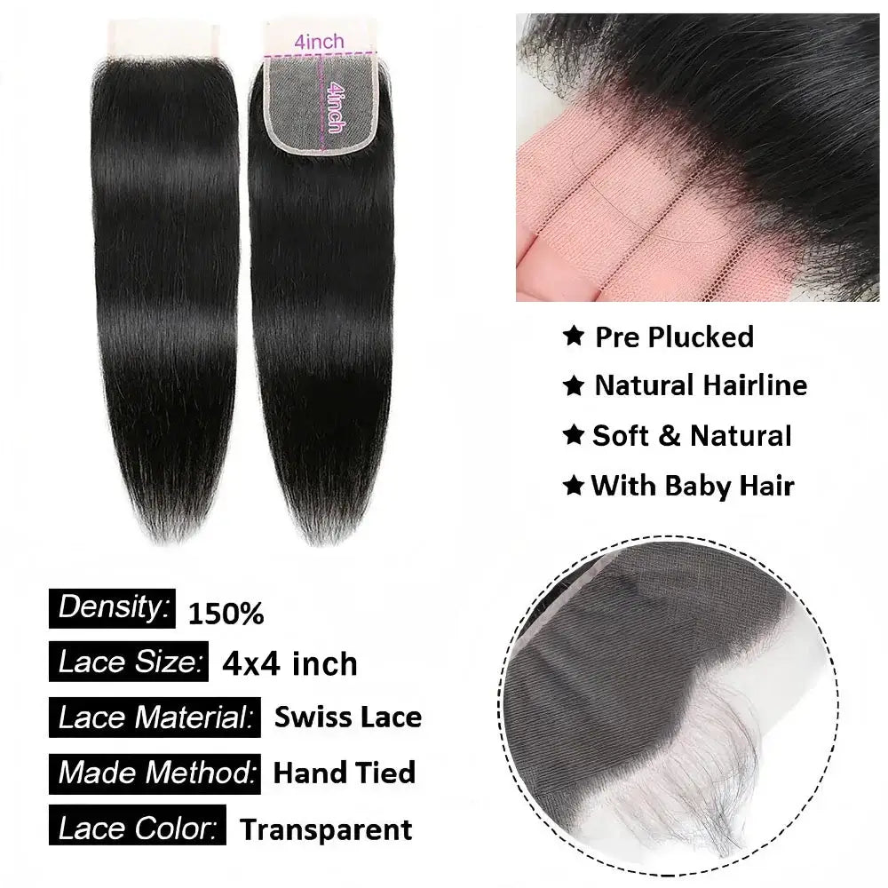 Straight 13x6 Lace Frontal Only 360 Lace Brazilian Virgin Human Hair 2x6 Lace Closure 4x4 5x5 Transparent Swiss Lace Closure