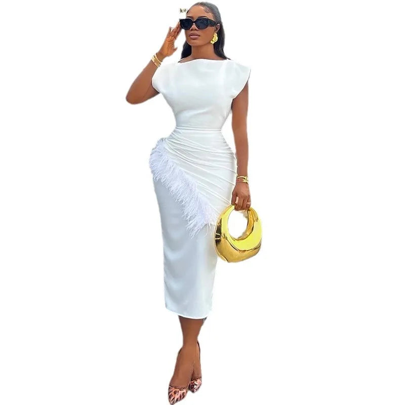 Women's O-Neck Wrap Sheath Dress, Ankle-Length Office Vestido