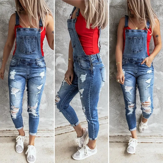 Women's Ripped Denim Overall Jumpsuit Suspender Pants