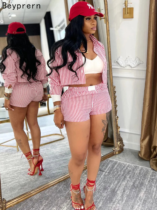 Women's Red Striped Blouse and Matching Shorts 2-Piece Set