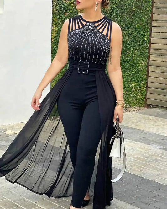 Women's Round Neck Rhinestone Sheer Mesh Belted Jumpsuit