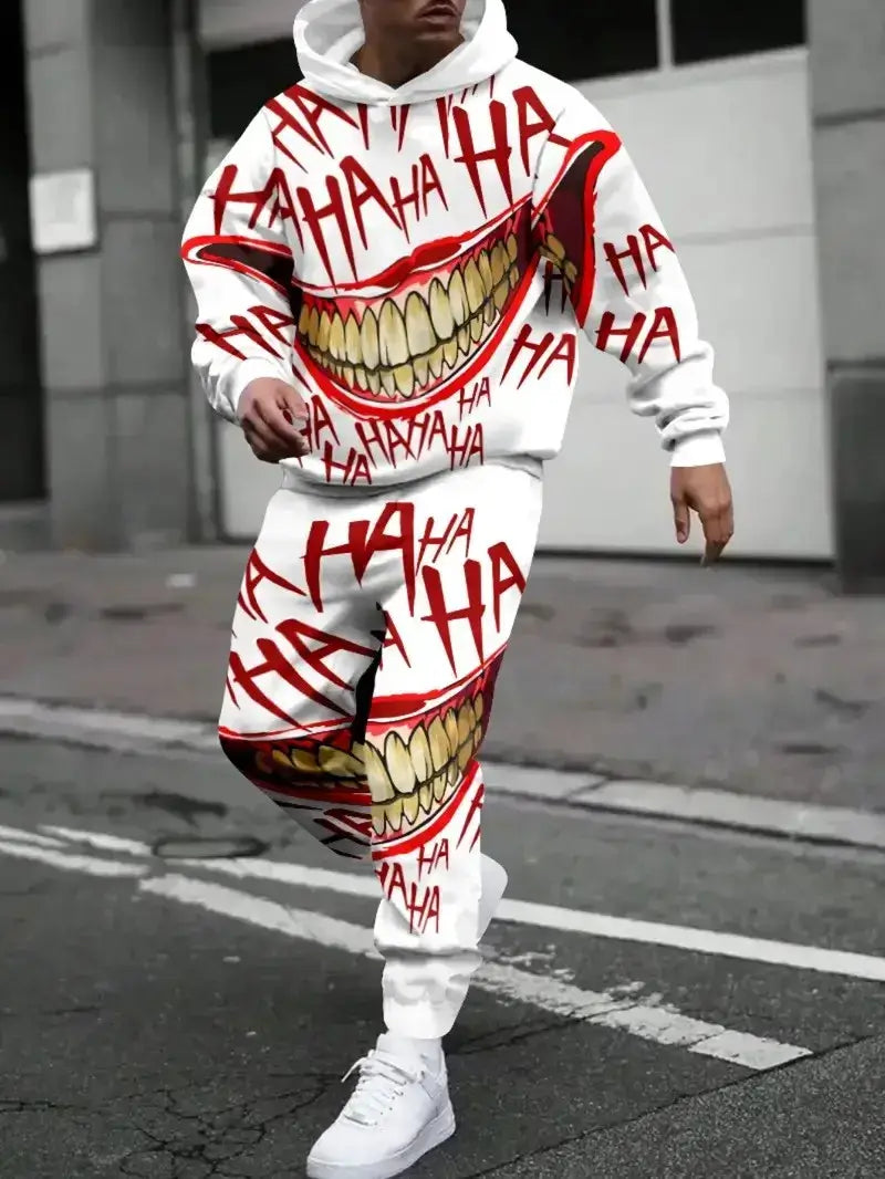 Men's Casual 3D Smiling-Face Print Hoodie and Pants Set, Spring Autumn