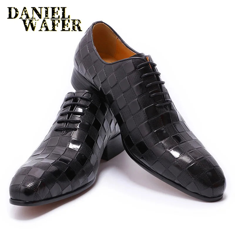 Men's Italian Leather Plaid Print Lace-Up Oxford Wedding Shoes