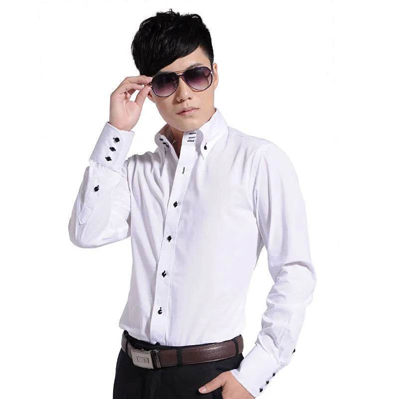 Men's Korean Slim Fit Long Sleeve Button-Down Dress Shirt