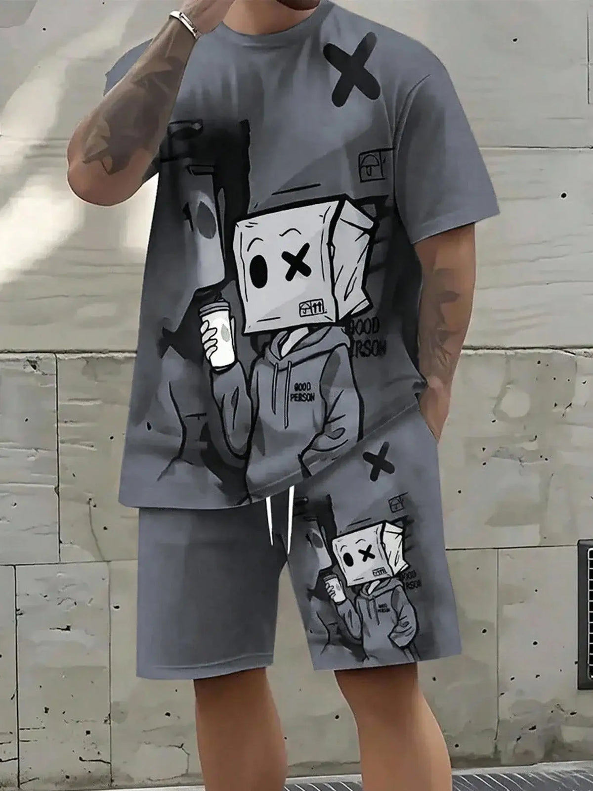 Men's Loose Graffiti-Print Crew-Neck Short-Sleeve T-Shirt and Shorts Set